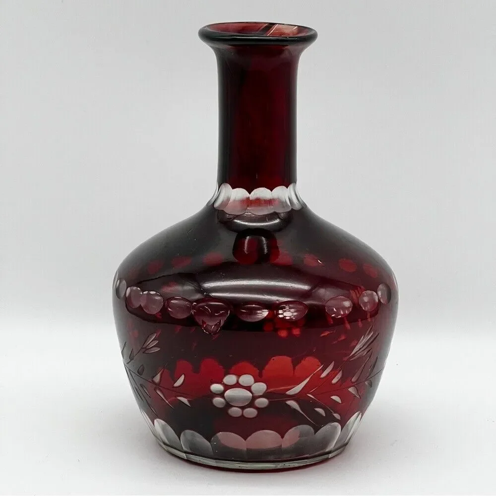 Vintage Czech Bohemian Ruby Red Cut To Clear Floral Etched Glass Decanter Vase